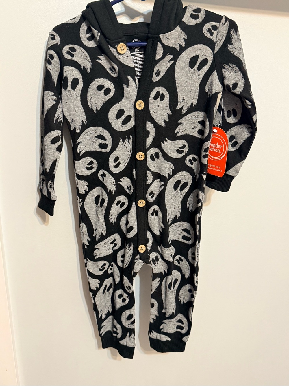 wonder nation Black Hooded One-Piece with Grey Ghost Print